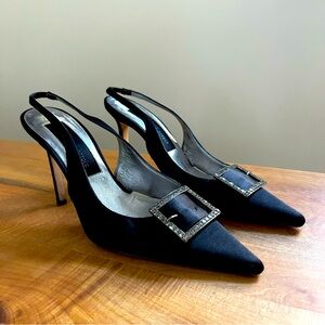 Christian Lacroix Black Satin Formal Slingback Pumps Rhinestone Buckle Size 36 6